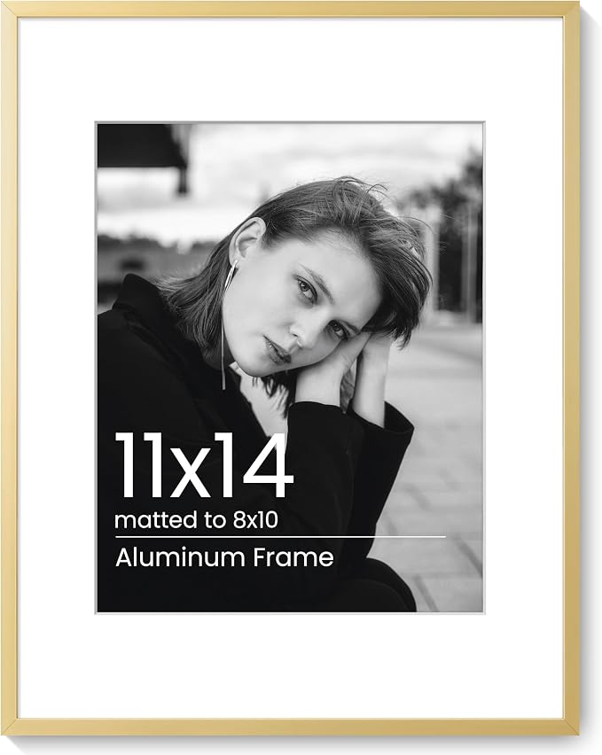 11x14 Picture Frame Gold, Aluminum Metal 11 x 14 Frame with Removable Mat, 11 by 14 Gold Photo Frame Matted to 8x10 Photo, Real Tempered Glass for Home and Office Gallery Wall, 1 Pack