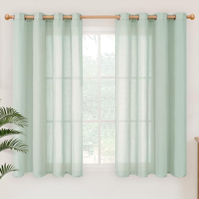YoungsTex Light Green Linen Semi Sheer Curtains 45 Inch Length, Short Drapes Lightweight with Grommet Light Filtering for Living Room Window, 2 Panels, 52 X 45 Inch