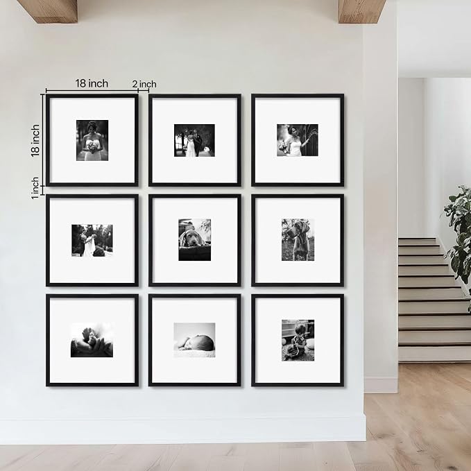 eletecpro Picture Frames Set of 9, 18x18 in, Acrylic Cover, Black | Display 8x10 with Mat or 18x18 without, Square Gallery Collage, Wall Mount, Minimalist Home Decor, Engineered Wood