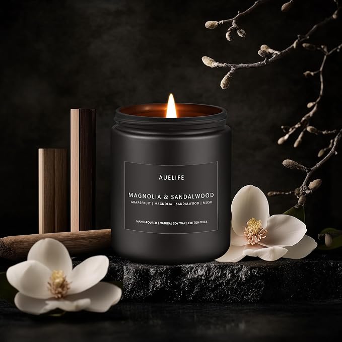 Magnolia & Sandalwood Scented Candle for Men, Soy Wax 7 oz | Masculine Aromatherapy; Soy Candles for Home Scented, Manly Decor for Home; 50H Long-Lasting Burn