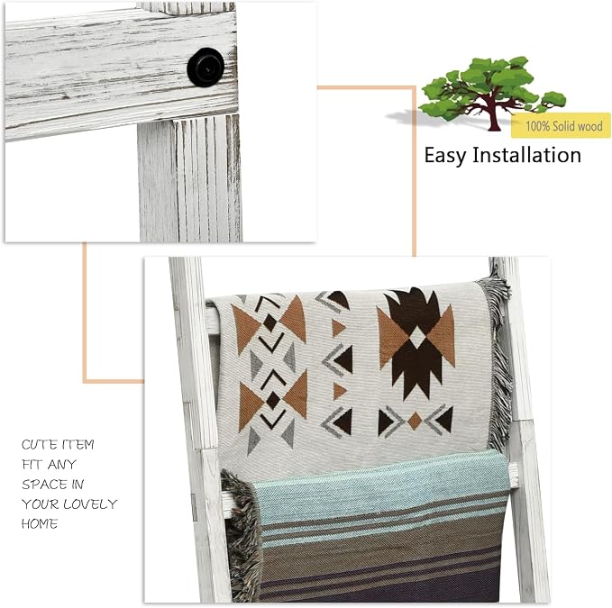 FUIN Blanket Ladder, 24in Wide Rustic Solid Wood Decor Rack, White | 6.4 ft high and 6 rungs, farmhouse quilt display holder, organize towel and scarf, leaning wall, bathroom and living room use