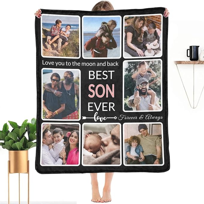 Gifts for Son Customized Blanket with Photo, Make a Personalized to My Son Blankets with Picture Custom Memories Souvenir Sublimation Throw Blanket for Best Son Ever, 8 Collage Made in USA