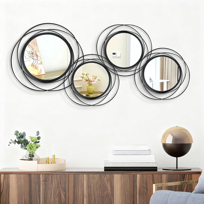 4 Set Circle Mirrors for Wall Decor Living Room Bedroom Entryway | Metal Round Mirror Decorative Hanging Mirrors Sun Bohemian Geometric Accent Sculpture Black 11 In/9.2 in