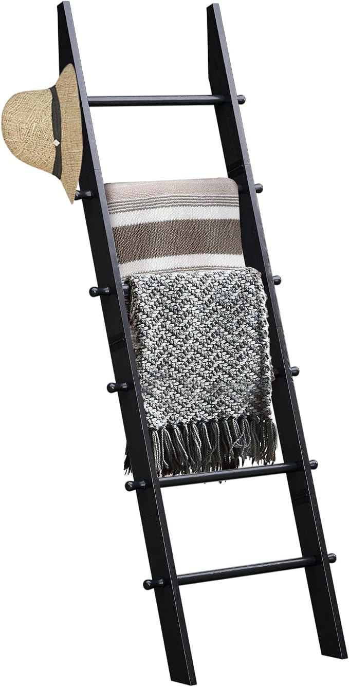 TEAKMAMA 6-Tier 5.4ft Blanket Ladder with Hanging Knobs Black | Farmhouse Wall Leaning Solid Wood Scratch & Slip Proof Quilt Rack, Living Room Bedroom Bathroom, Xmas Deco, Easy Setup