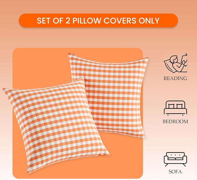 Burnt Orange Fall Gingham Plaid Pillow Covers 18x18 for Outdoor Porch Patio | Set of 2, Thanksgiving Autumn Pillow Cover 18 x 18, Farmhouse Pillow Covers, Aesthetic Fall Decor, Fall Front Porch Decor