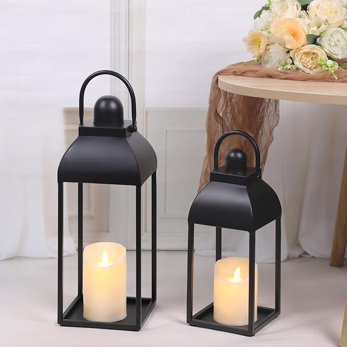Lanterns Decorative Outdoor Indoor, 17'' 13'' Black Metal Outdoor Lanterns | Set of 2 Modern Farmhouse Candle Lantern Decor Rustic Lanterns Centerpieces for Patio, Front Porch, Mantel, Wedding, No Glass