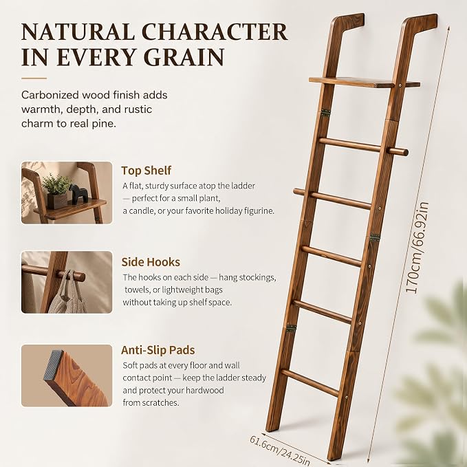 Blanket Ladders for the Living Room, 6 Tier Quilt Ladder with Shelf | Ladder Shelf Rack, Pine Wood, 2 Side Hooks, Non-Slip Stable, Polished Smooth, Retro Brown, Farmhouse Style, Easy to Assemble