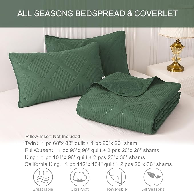 Exclusivo Mezcla California King Size Quilt, Olive Green | Soft Bedspreads with 2 Pillow Shams, Modern Striped Pattern, Lightweight Bedding Set Coverlets for All Seasons, 112x104 Inch