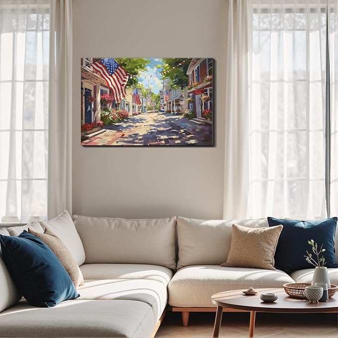 Framed Patriotic Small Town USA Wall Art, American Flag Street Canvas Art Pictures, Vintage Main Street Wall Decor for Living Room Entryway Dining Room, Ready to Hang Made in USA