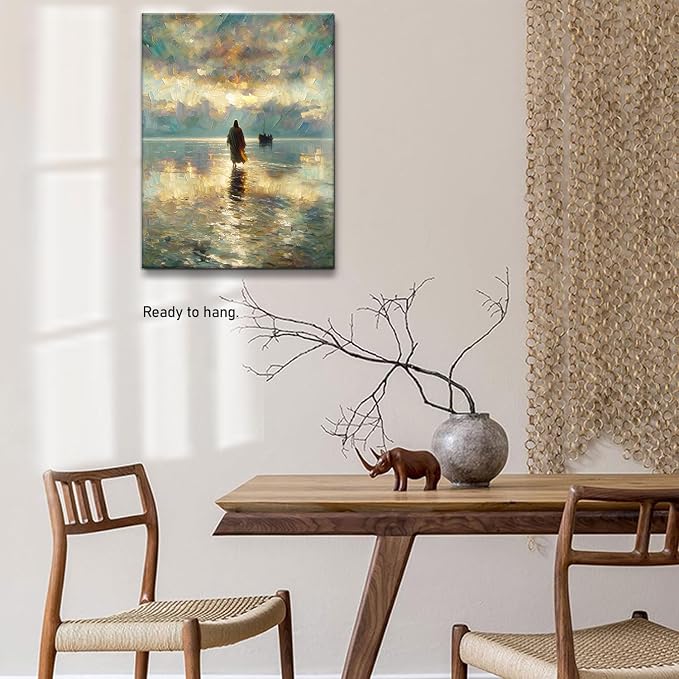 Framed Jesus Pictures for Wall God Canvas Wall Art Jesus Walking on Water Paintings print for Living Room Christian Art Decor Religious Posters Ready to Hang 12x16Inches