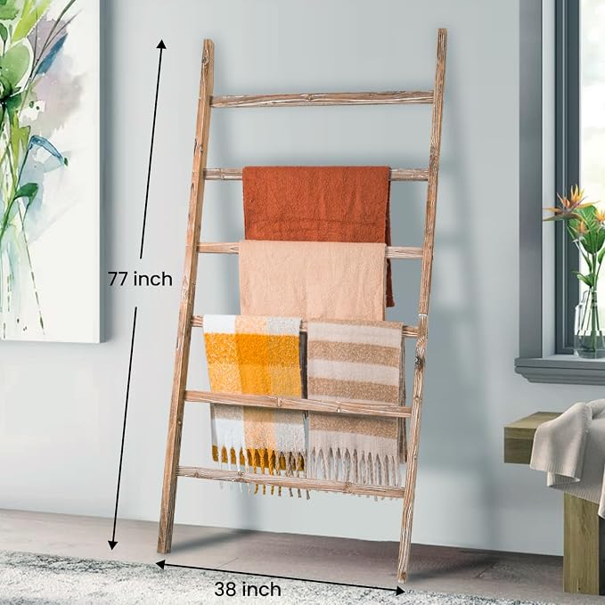 Blanket Ladder Shelf 6.4FT, 38 inch Wide Solid Wooden Blanket Ladder for Living Room, 6-Layer Farmhouse Rustic Quilt Rack for Living Room Bathroom