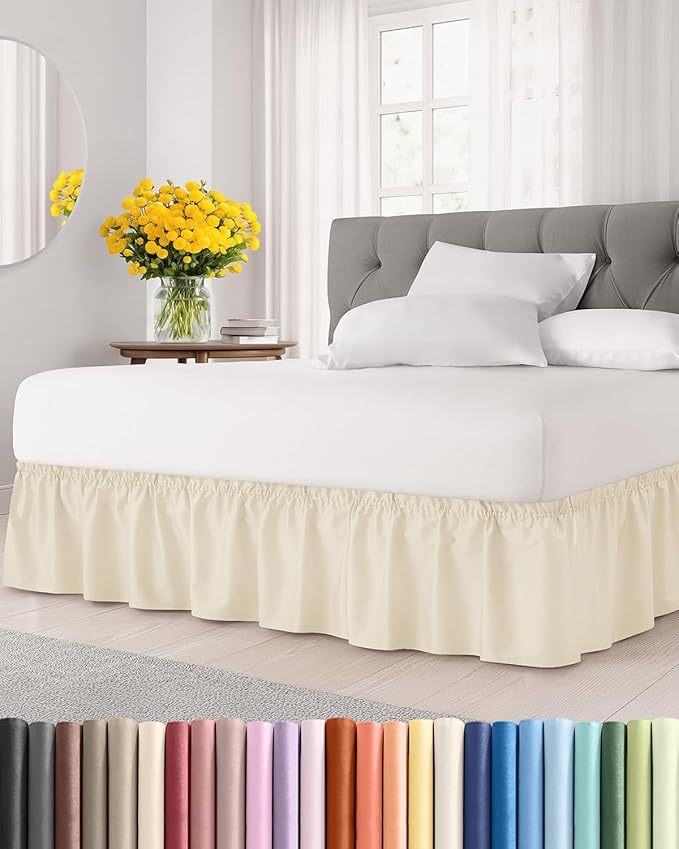 Wrap Around Dust Ruffle Bed Skirt - College Dorm Room - Twin/Twin XL | Off White, 12 Inch Drop, Elastic Strap & Adjustable Pleated Bedskirt, Wrinkle Free, for Women, Men, Students, Kids & Teens