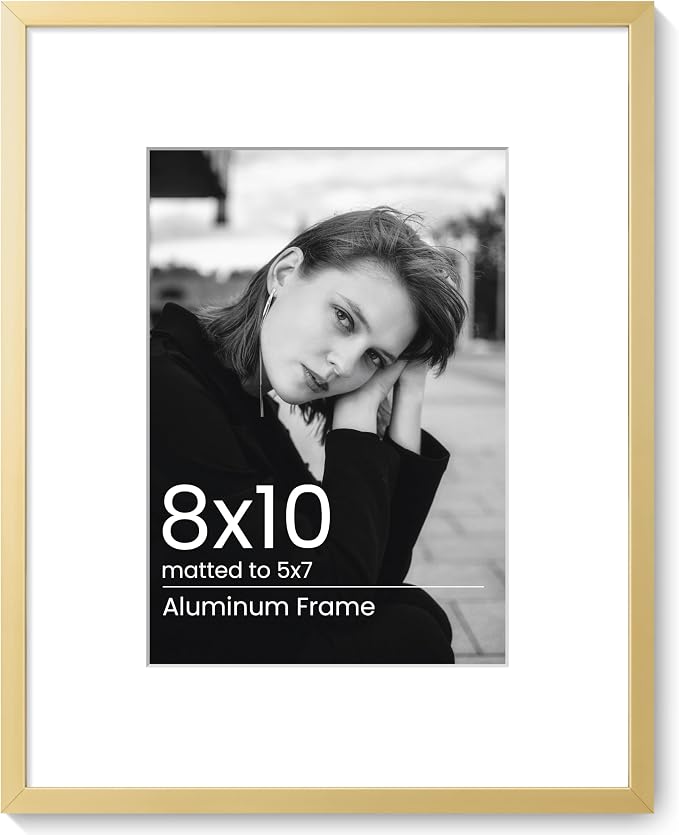 8x10 Photo Frame Gold, Aluminum Metal 8 x 10 Frame with Removable Mat, 8 by 10 Gold Picture Frame Matted to 5x7 Photo, Real Tempered Glass for Home and Office Gallery Wall, 1 Pack