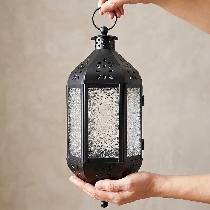 Vela Lanterns Hanging Moroccan Lantern with LED Twinkle Fairy Lights - Exotic Decorative Patio & Porch Decor, Indoor Outdoor Candle Lamp Holder with Chain (13" Large, Clear Glass)