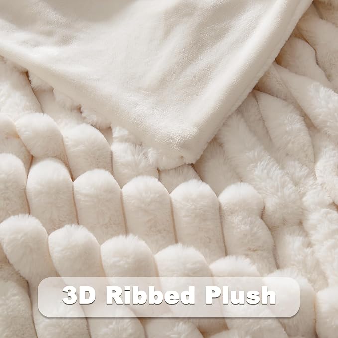 NEWCOSPLAY Faux Fur Ribbed Throw Blanket for Couch, Ivory, 50"x60" | Plush Soft Thick Warm Blanket for Couch Sofa Bed 850GSM, Fluffy Cozy Luxury Decorative Throw, Gift for Women Men