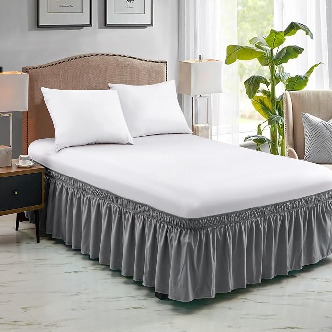 FreshCulture Twin Bed Skirt, Elastic Wrap Around Bed Skirt Twin Bed, Easy Fit with 15-Inch Tailored Drop, Hotel Quality Bed Skirts for Adjustable Bed (Dark Grey)