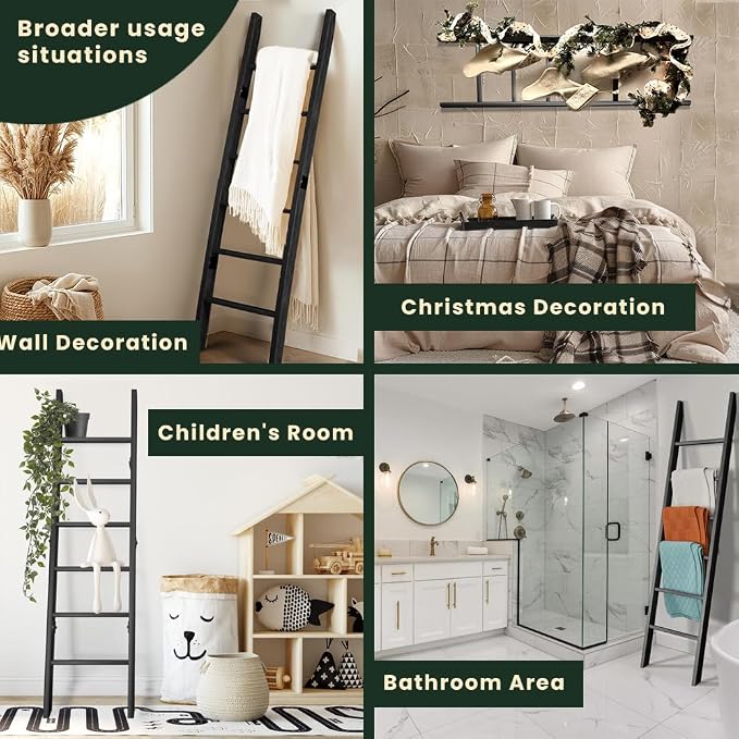 Wooden Blanket Ladder for Living Room 6-Tier, Decorative Ladder Blanket Rack & Quilt Ladder Decor with Removable Hooks, Farmhouse Wood Ladder, Easy Assembly, Anti-Slip Sturdy Blanket Holder, 68 Inch.