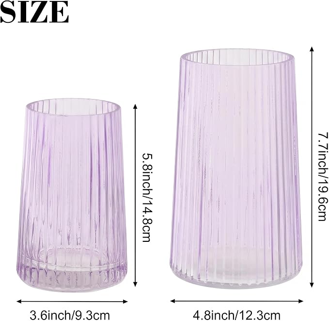 Ribbed Flower Vases Set of 2, Purple Vases for Flowers, Flower Vase for Bouquet, Modern Ribbed Glass Vase for Living Room, Bedroom, Dining Table, Office, Wedding, Centerpieces