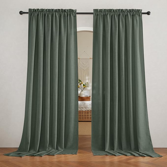 RYB HOME Green Linen Sheer Curtains 102 inches Long, Thick Heavy Textured Rod Pocket Machine Washable Privacy Assured for Living Room Bedroom, W 52 x L 102 inches, Hunter Green, 2 Panels