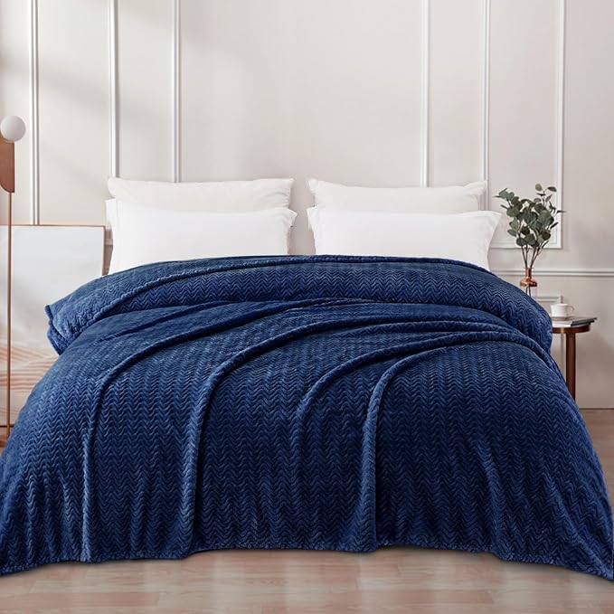 Exclusivo Mezcla Soft Fleece Blanket King Size, Cozy Lightweight Blankets with Decorative Wave Textured Suitable for All Season Use, Navy Blue, 90x104 Inches | 90"x104" Breathable Lightweight Flannel Blanket for Summer, Plush Cozy Jacquard Wave for Hom...