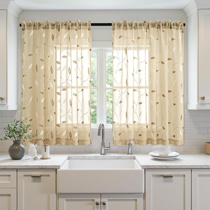 MIULEE Beige Sheer Curtains 2 Panels Embroidered Leaf Patterned, W52 x L45 | Embroidered Floral Semi Sheer,Rod Pocket,Faux Linen,Short Window Curtains Drapes Set for Kitchen/Bathroom/Cafe