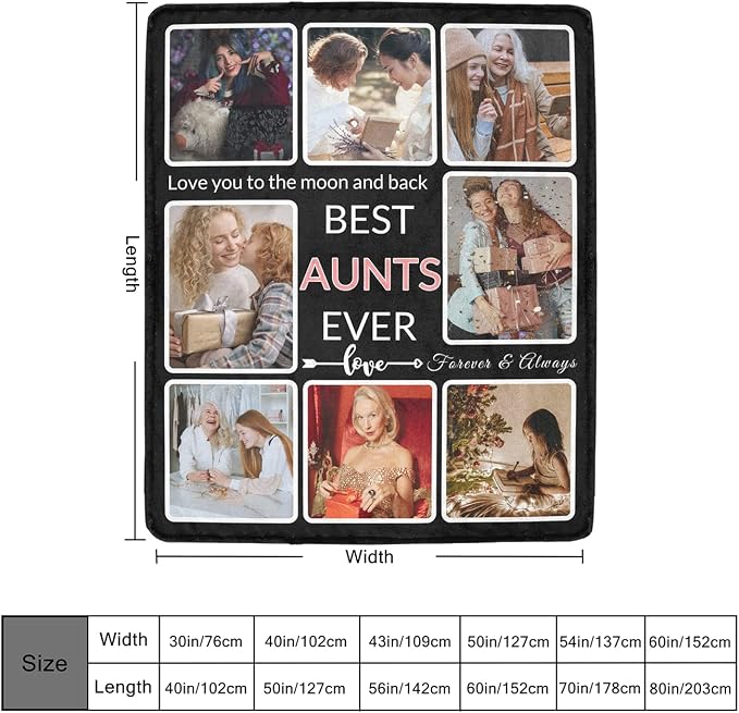 Gifts for Aunts Customized Blanket with Photo, Make a Personalized Aunts Blankets with Picture Custom Memories Souvenir Sublimation Throw Blanket for Best Aunts Ever, 8 Collage Made in USA