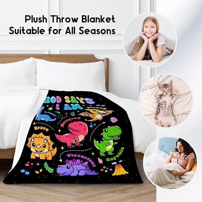 God Says I Am Dinosaur Blanket For Boys And Toddler Child - Inspirational Soft Plush Kids Throw Blanket For Couch Office, 40"x50"