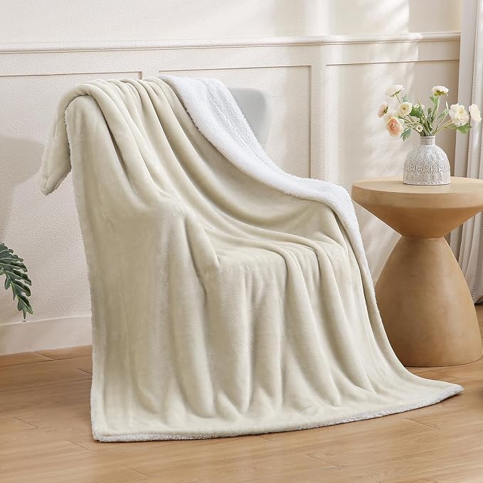 SOCHOW Sherpa Fleece Throw Blanket, Linen, 50x60 inches | Double-Sided Super Soft Luxurious Plush Blanket Throw Size