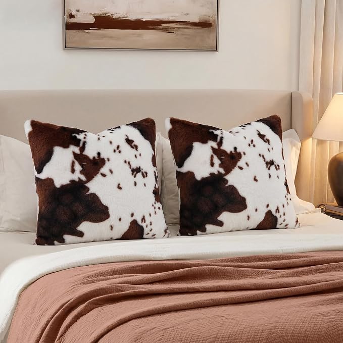 cygnus Cow Print Throw Pillow Covers 18x18 inch | Set of 2,Fluffy Fuzzy ，Faux Fur Throw Pillow Covers for Couch Sofa Living Room Bedroom Decor