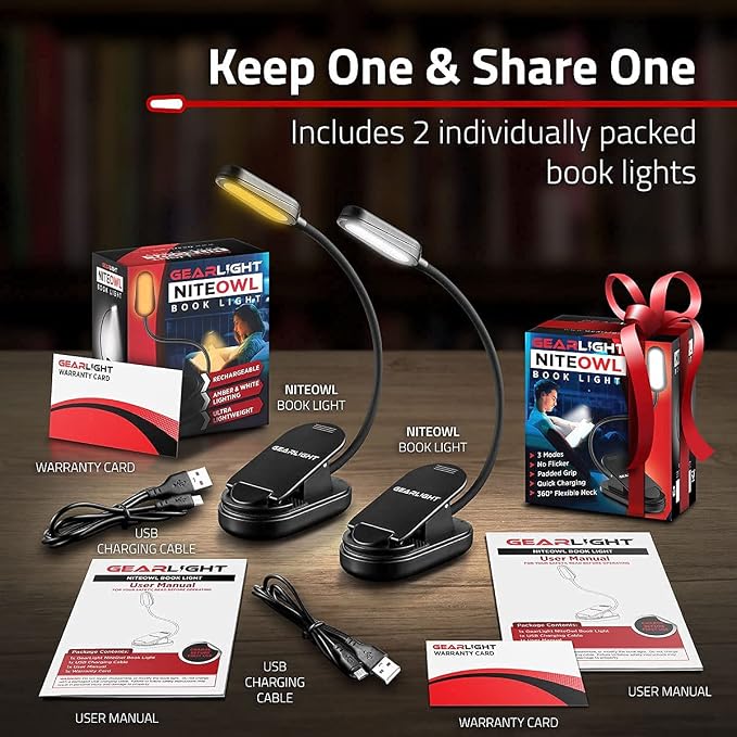 GearLight Rechargeable Book Light for Reading in Bed – Hands-Free LED Clip-on Lamp with 3 Light Modes, Adjustable Brightness, Flexible Neck Reading Light for Books, Laptops, and More – 2 Pack