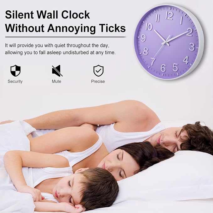 HZDHCLH 12 Inch Silent Wall Clock Battery Operated Non Ticking Purple | 12 inch Silent Non Ticking Modern Wall Clock for Living Room Bedroom Kitchen Office Classroom Decor