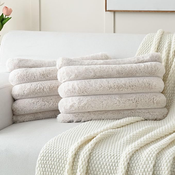 HAUSSY 2 Pack Lumbar Pillow Covers 12x20 Inch, Faux Fur Decorative Couch Throw Pillows Soft Striped Plush Cushion Covers Home Decor Cute Furry Pillowcase for Living Room Sofa Bed, Beige (Covers Only)