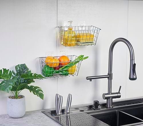 JUNCHU CHERRY 5 Pack Hanging Storage Basket, Bathroom Basket, Household Goods, with Traceless Tape, no Drilling, for Cabinet Storage, Kitchen, Bathroom, Storage Room,Chrome