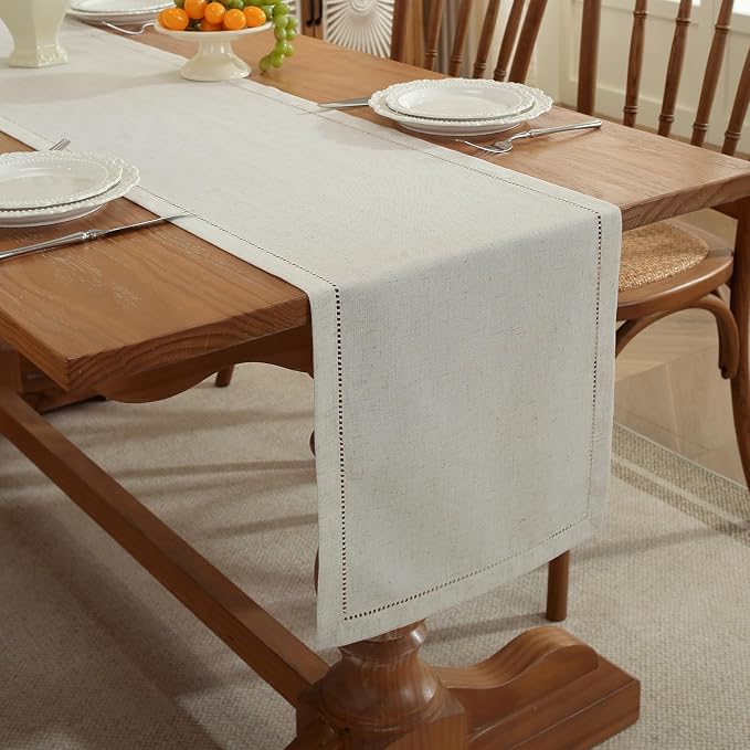Light Natural Handmade Hemstitched Linen Blend Table Runner for Summer, Everyday Use, Classic Hemstitch Style (14 x 72 Inch)