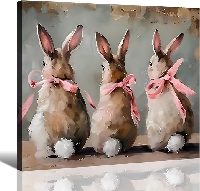 Easter Framed Rabbit Wall Art 12x18 In, Rustic Bunny Pictures for Living Room, Kids Room, Sweet Spring Rabbit Painting Canvas Prints for Easter Bedroom Wall Decor