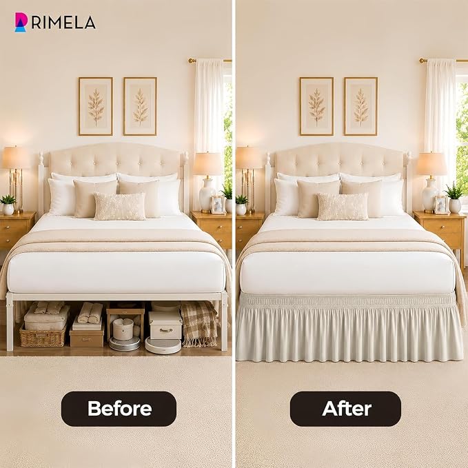 RIMELA Ivory Bed Skirt King Size 18 Inch Drop, Elastic Bed Skirting for Bed Base and Frame, Bedding Dust Ruffle Easy to Install, Lightweight Wrap Around Adjustable Bedskirt | Solid Ruffled, Easy to Use, No Mattress Lifting, Wrinkle & Fade Resistant, wi...