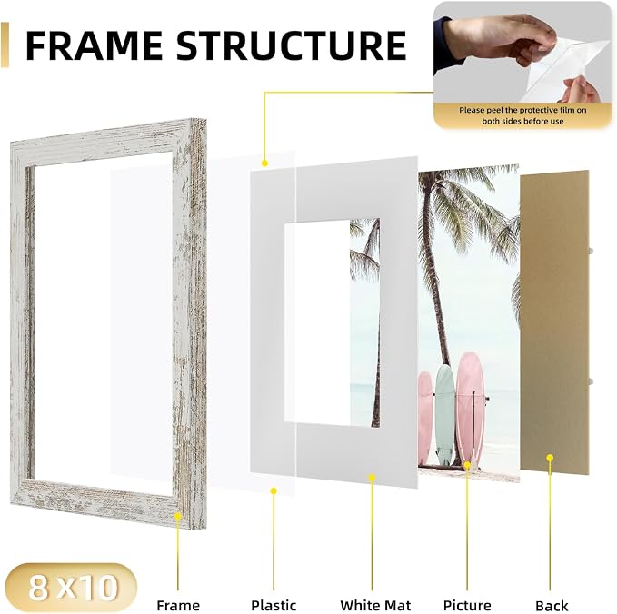 YESKAY 8x10 Picture Frame Set of 9, Display Pictures 5x7 with Mat or 8 x 10 Without Mat, Multi Photo Frames for Wall Mounting or Table Top Display, Distressed White