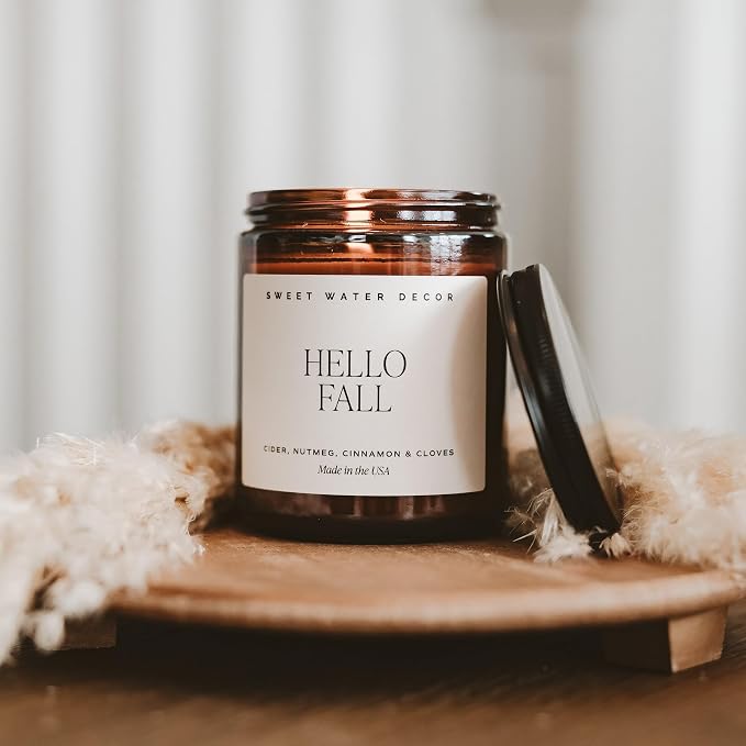 Sweet Water Decor Hello Fall Candle, 9oz Amber Jar, Autumn Scents for Home
