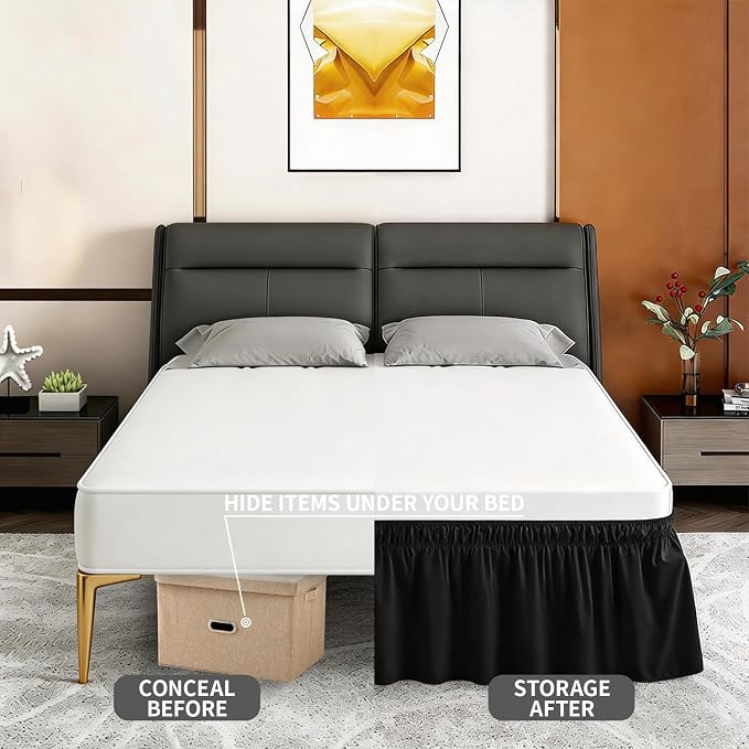 ANARACHON Queen Bed Skirt, Elastic Wrap Around Bed Skirt Queen Size, Bed Skirts for Adjustable Bed, Easy Fit with 14" Drop Length Tailored Drop Dust Ruffle (Black)