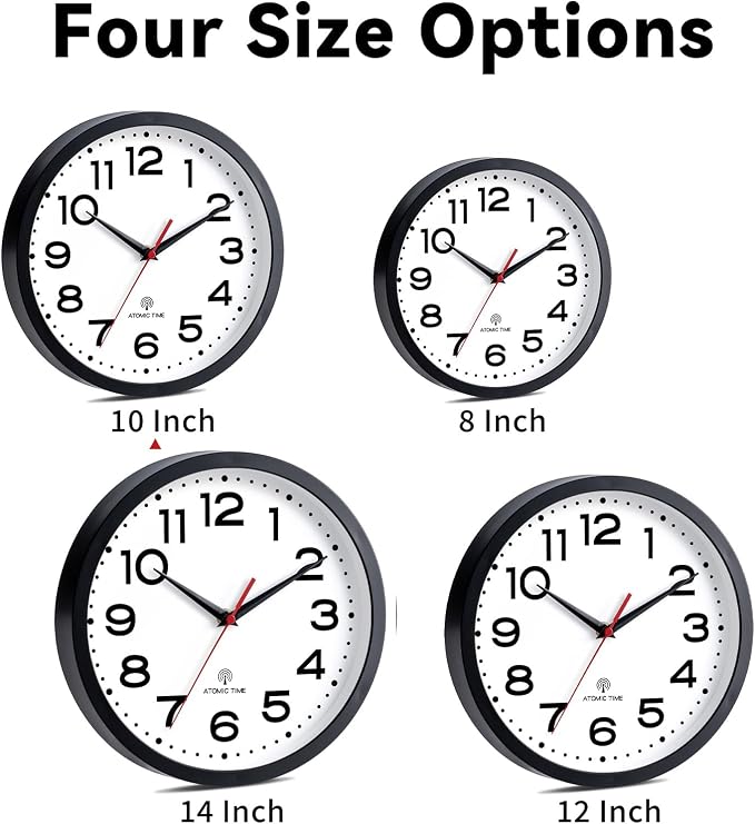 Roymnie 10 Inch Atomic Wall Clock, Battery Operated Silent Non Ticking | Black analog wall clock; bold numerals for easy reading; silent non-ticking; 1 AA battery (not included); for classroom