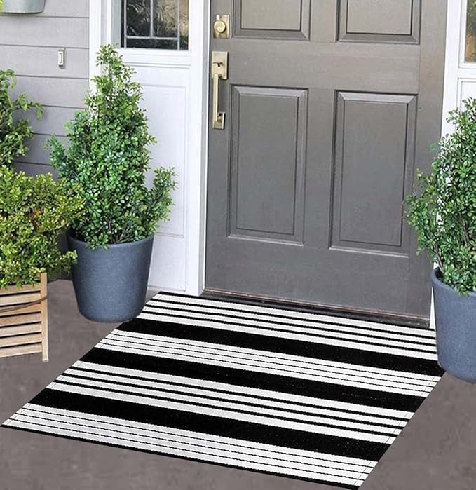 Black and White Striped Door Mat Outdoor 24"x35"Washable Layered Doormat | Hand-Woven Farmhouse Indoor/Outdoor Rug Front Porch Mat Combined Use with Hello Welcome Mat