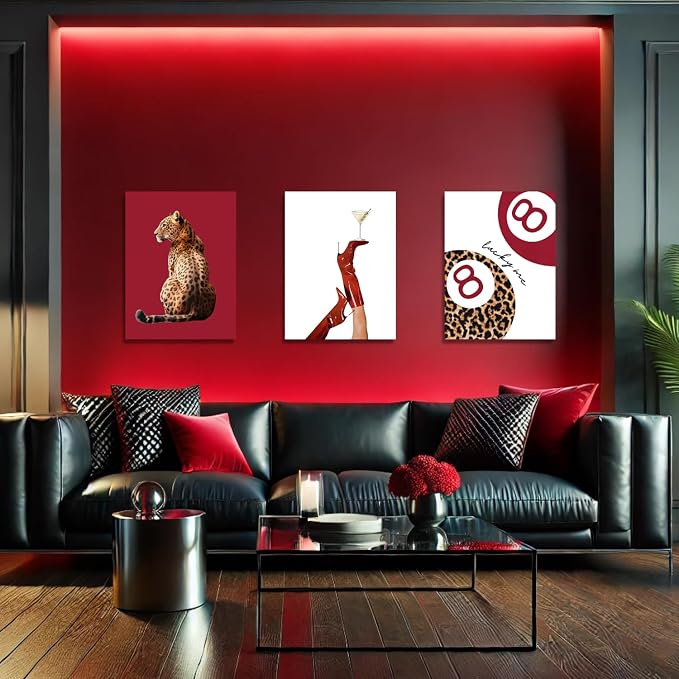 GELDSTEI Wrapped Canvas Trendy Red Cheetah Wall Art Set of 3, 16x24 in | Red Leopard Trendy Wall Decor, Boots Cheetah Lucky 8 Ball Art Prints, Trendy Modern Gift for Bedrooms and Fashion Lovers