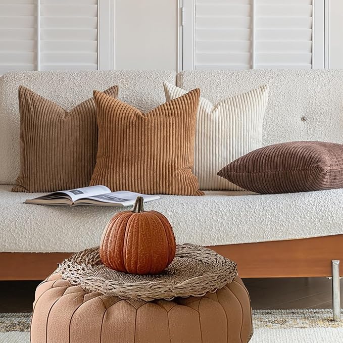 LANANAS Neutral Couch Throw Pillow Covers 18x18 Inch Set of 4 Decorative Farmhouse Boho Throw Pillows for Living Room, Couch, Bed, Sofa Soft Corduroy Accent Home Decor (Neutral Brown, 18x18 Inch) | Set of 4 Neutral Couch Farmhouse Boho Throw Pillows fo...