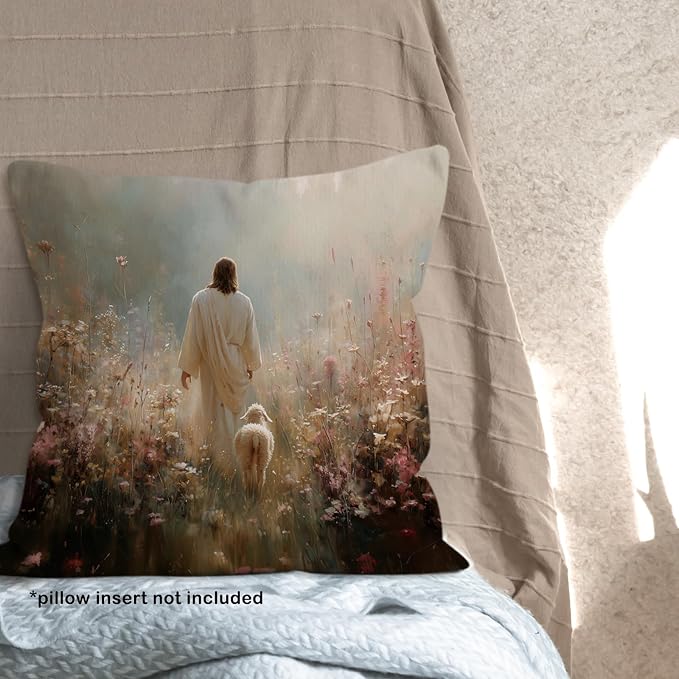 Christian Jesus and Lamb Throw Pillow Covers Gifts 18x18, Jesus Leaves the 99 Sheep Decor Pillow Cases for Bedroom Living Room, Religious Cottagecore Decorative Square Pillowcases for Couch