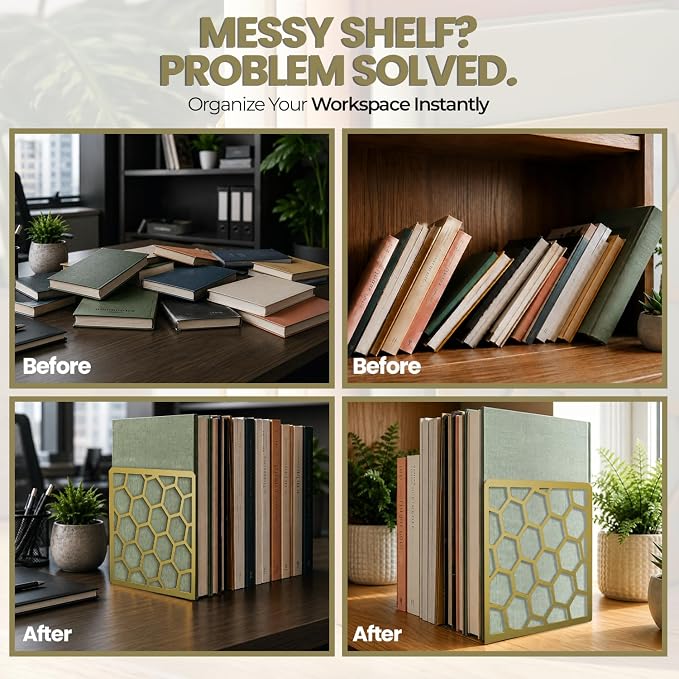 Gold Geometric Honeycomb Metal Bookends - Book Ends for Shelves - Decorative Modern Heavy Duty Bookend Stopper - Book Ends for Heavy Books - Home Office Book Holder - 1 Pair, 6x3.25x6.25 in