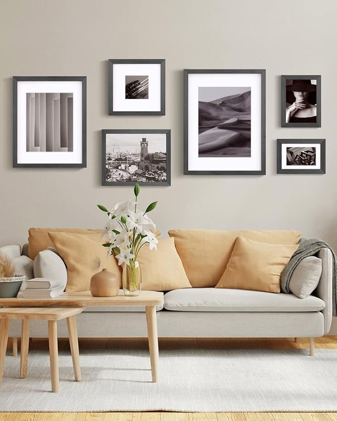 Egofine 4x6 Picture Frames Set of 4, Made of Solid Wood Covered by Plexiglass 3x4.5 and 3.5x5 with Mat or 4x6 without Mat, for Table Top Display and Wall Mounting Photo Frame, Rustic Black