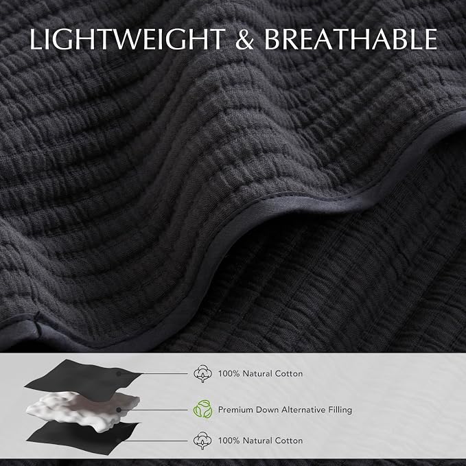 EVERGRACEHOME Cotton Ribbed Matelassé Coverlet Set, King, Washed Black | Soft Lightweight Bedspread, 3 Pieces, Breathable Cozy Oversized Quilted Bedding Set for All Seasons, with 2 Pillow Shams