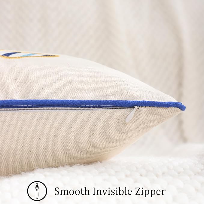 LUOYEHK Embroidered Pillow Covers 18x18 Set of 2 Summer Coastal Blue Fish Decorative Pillow Cases Ocean Themed Canvas Cushion Covers for Couch Sofa Bed Living Room