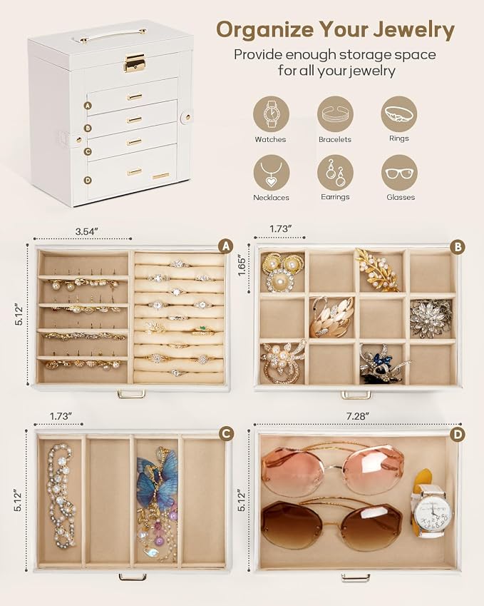 Homde Large Jewelry Box for Women: 5-Layer Organizer with Lock for Dresser | Separated Storage for Necklace Earring Ring Watch to Sort Daily Jewelry - Keep Vanities Tidy - Birthday Gift