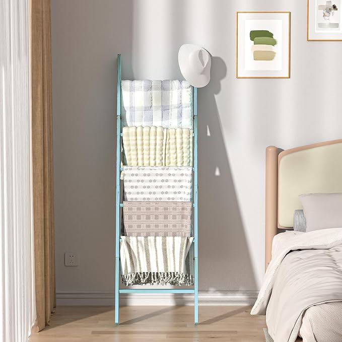 Honest Blanket Ladders for the Living Room, 6-Tier Blanket Holder, Wall-Leaning Blanket Rack, Ladder Shelves, Wooden Quilt Ladder, Farmhouse Decor, Blue